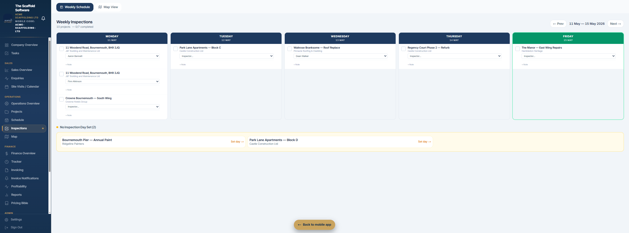 Inspections list with weekly visits and sign-off